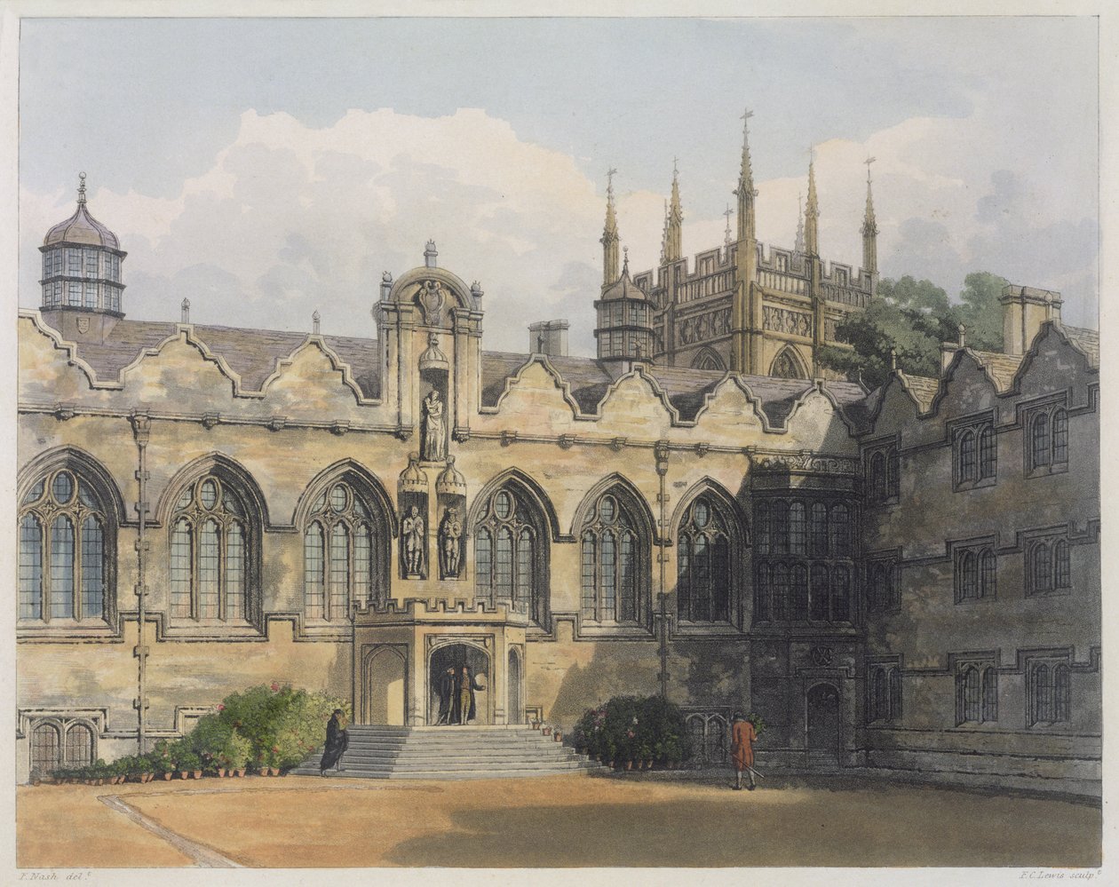 Oriel Koleji'nin dış cephesi, FC Lewis (1779-1856) pub tarafından oyulmuş 'Oxford Tarihi'nden bir örnek. R. Ackermann, 1813 (aquatint) tarafından by Frederick Nash