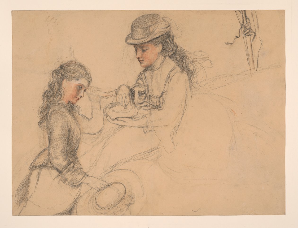 Sağa bir el çalışması ile iki kızın çalışması by Frederick Sandys