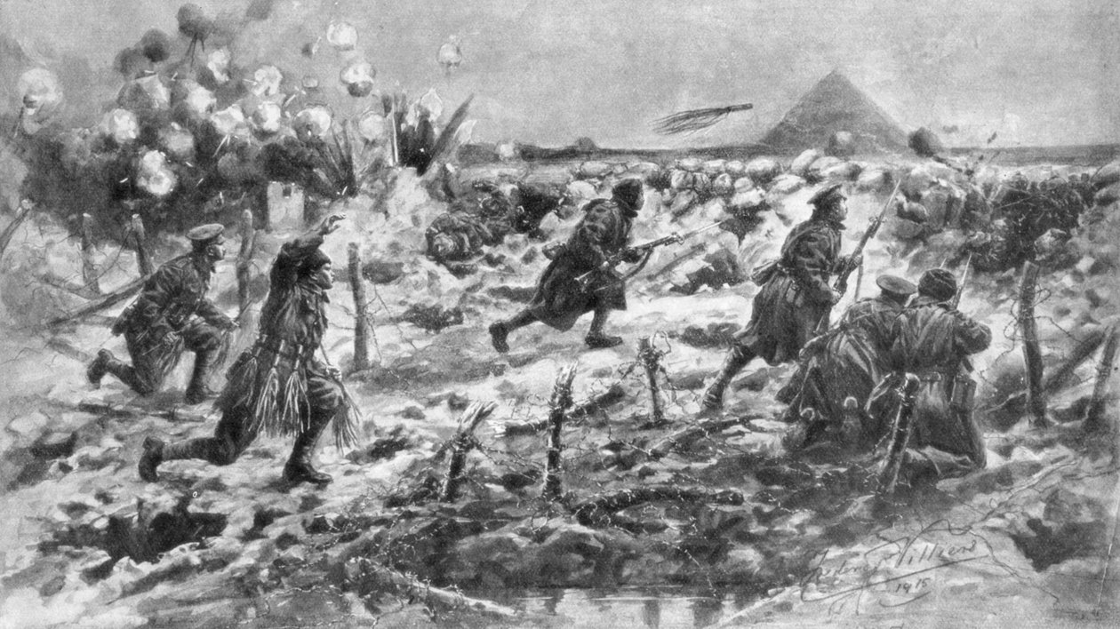 Süngü ve el bombası kullanan bir İngiliz saldırısı, Neuve-Chapelle, Fransa, 10 Mart 1915, 1926. by Frederick Villiers