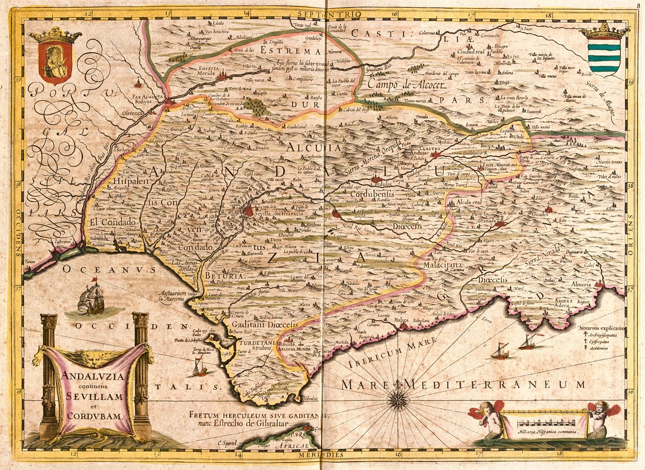 Sevilla ve Cordoba (İspanya) ile Endülüs Haritası (gravür by Frederick de Wit