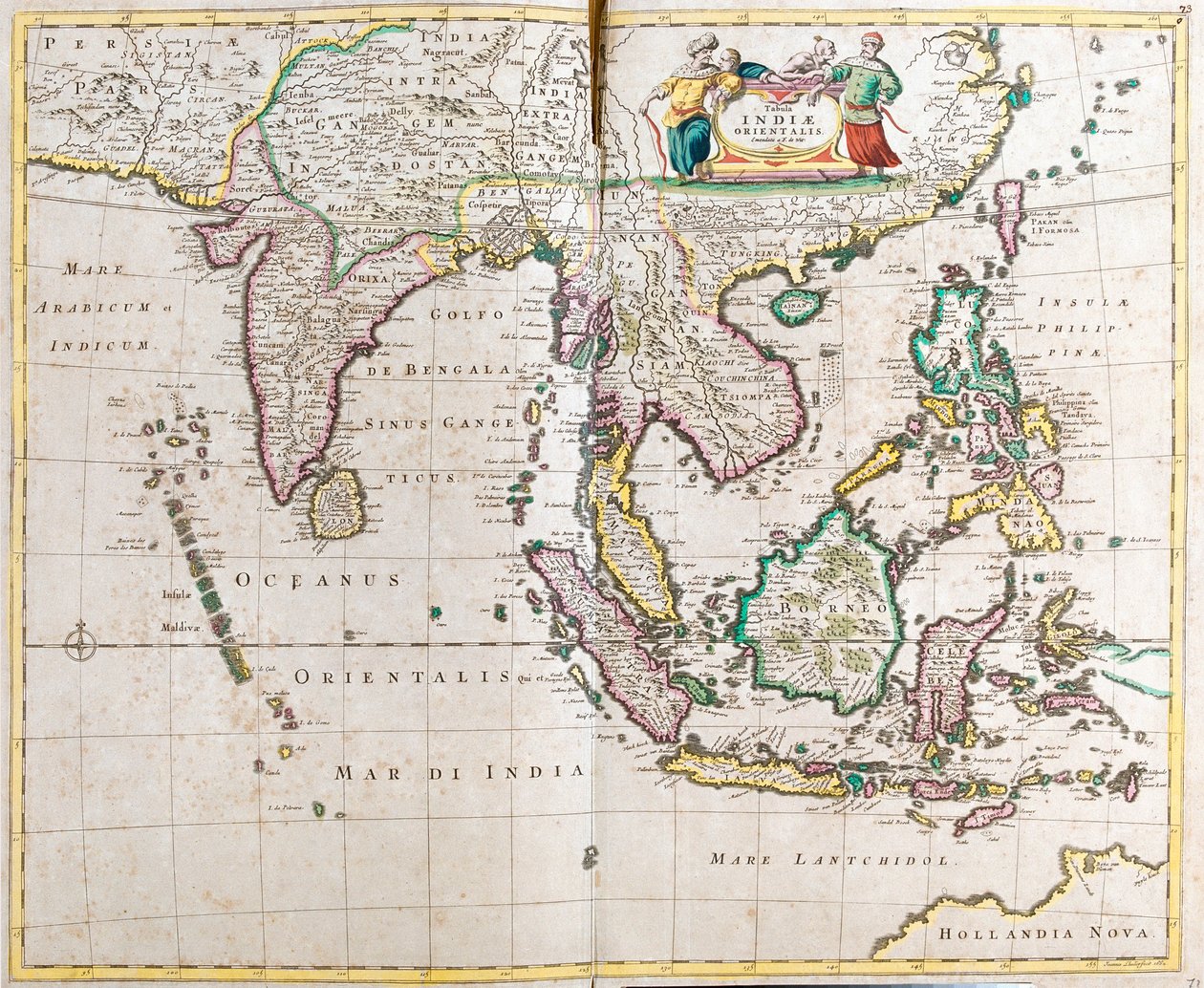 Doğu Hindistan Haritası (Güney ve Güneydoğu Asya: Pakistan, Hindistan, Nepal, Bangladeş, Burma, Sri Lanka, Tayland, Malezya, Vietnam, Kamboçya, Laos, Filipinler, Singapur ve Endonezya) (gravür by Frederick de Wit