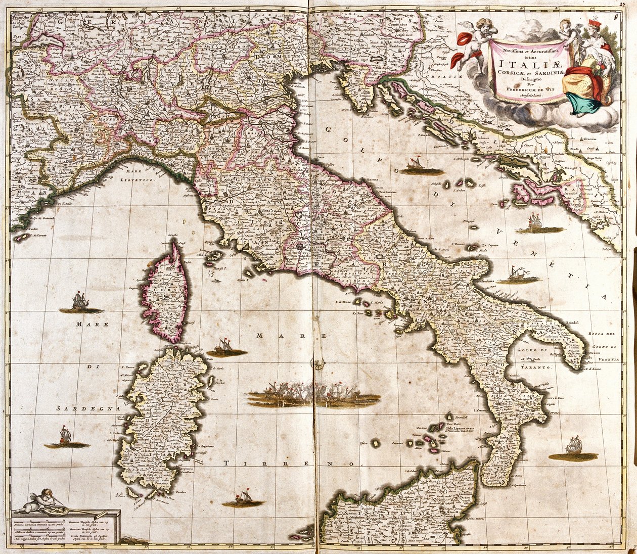 İtalya, Korsika ve Sardunya Haritası (gravür by Frederick de Wit