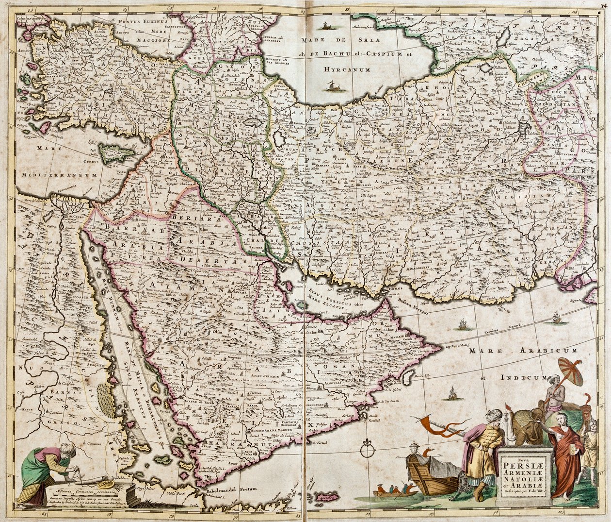 İran (İran), Ermenistan, Anadolu (Türkiye) ve Arabistan (Arap yarımadası: Suudi Arabistan, Kuveyt, Birleşik Arap Emirlikleri, Umman, Katar, Yemen, Bahreyn) (gravür) Haritası by Frederick de Wit