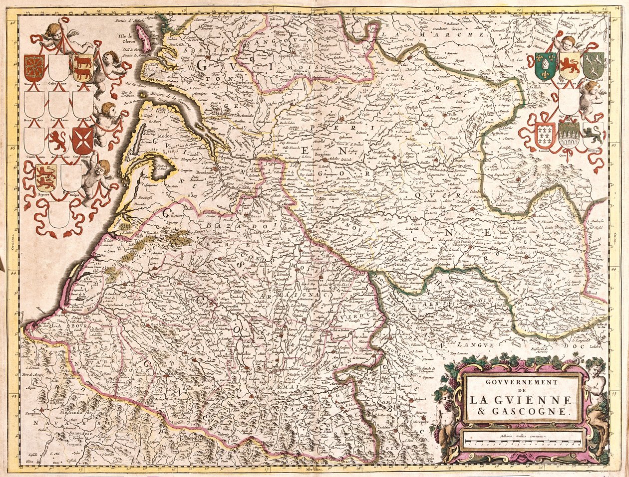 Guyenne ve Gascogne (Fransa) Hükümeti Haritası (gravür by Frederick de Wit