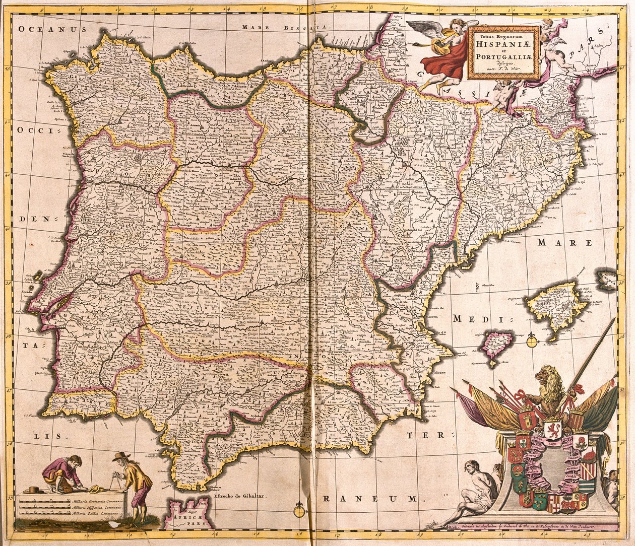 İber Yarımadası, İspanya ve Portekiz Haritası (gravür by Frederick de Wit