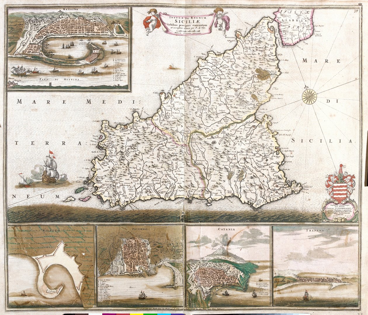 Messina, Milazzo, Palermo, Catania ve Trapano şehirlerinin manzarasına sahip Sicilya Krallığı (İtalya) Haritası (gravür by Frederick de Wit