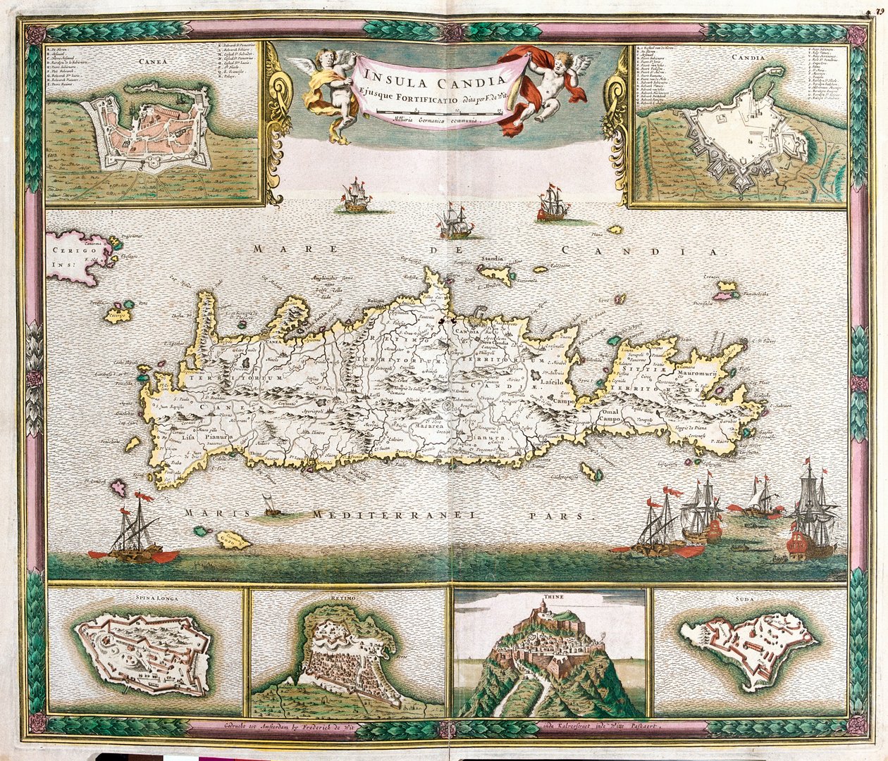 Müstahkem kasabalar La Cane ve Kandiye ve Spinalonga, Retino, Thine ve Souda kalelerinin manzarasına sahip Girit adasının haritası (gravür by Frederick de Wit