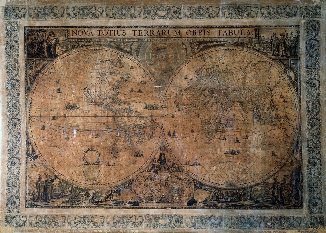 Nova Totius Terrarum Orbis Tabula, Frederick de Wit'in (1629-1630 - 1706) çift yarımküre dünya haritası, İmparator I. Joseph'e adanmış, bakır oyma by Frederick de Wit