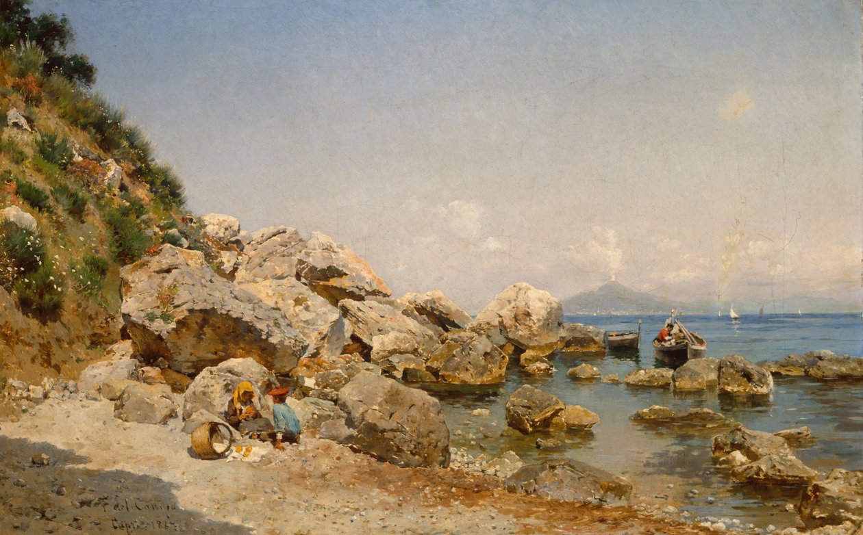Sahilde, Arka Planda Vezüv ile Capri by Frederico del Campo
