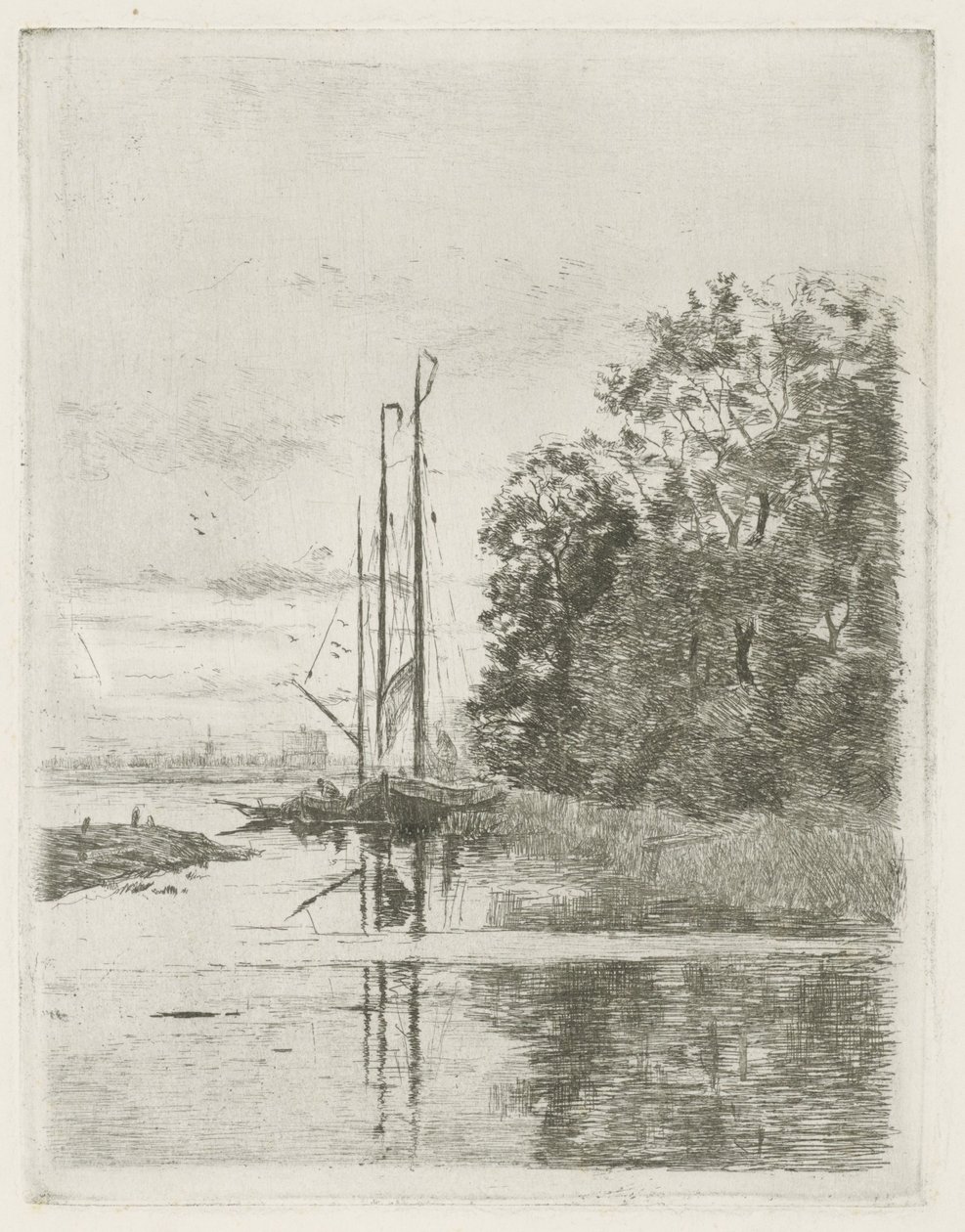 İki gemi ve bir mavna ile nehir manzarası. by Fredericus Jacobus van Rossum du Chattel (signed by artist)