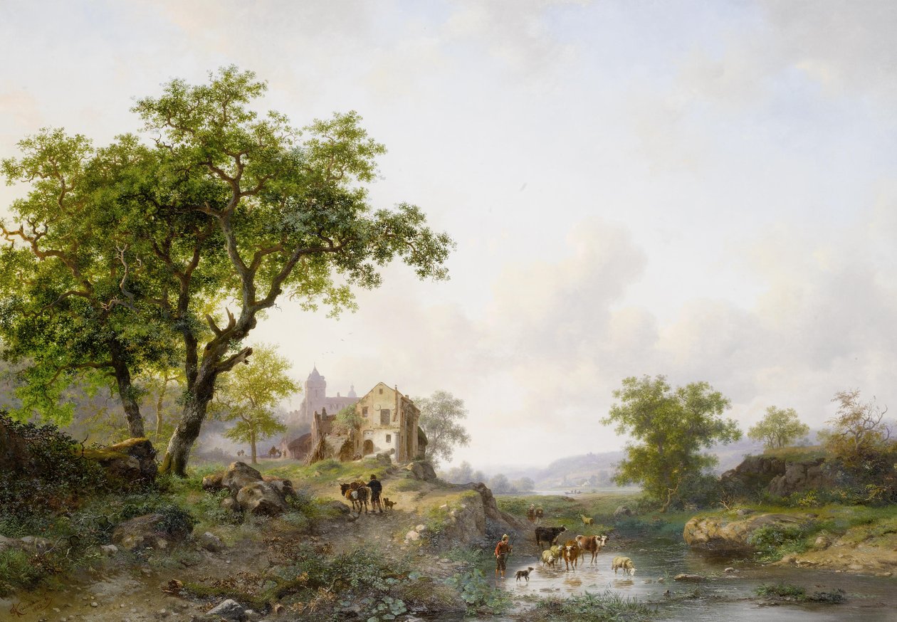 Nehrin yanında sığırlarla dolu yaz manzarası by Frederick Marianus Kruseman