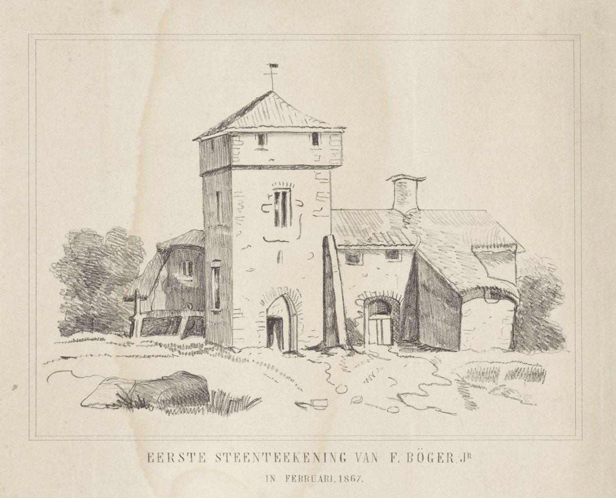 Bir çiftçinin çiftliği F. Börger Jr. tarafından ilk taş çizimi (nesne üzerindeki başlık) by Frederik Böger