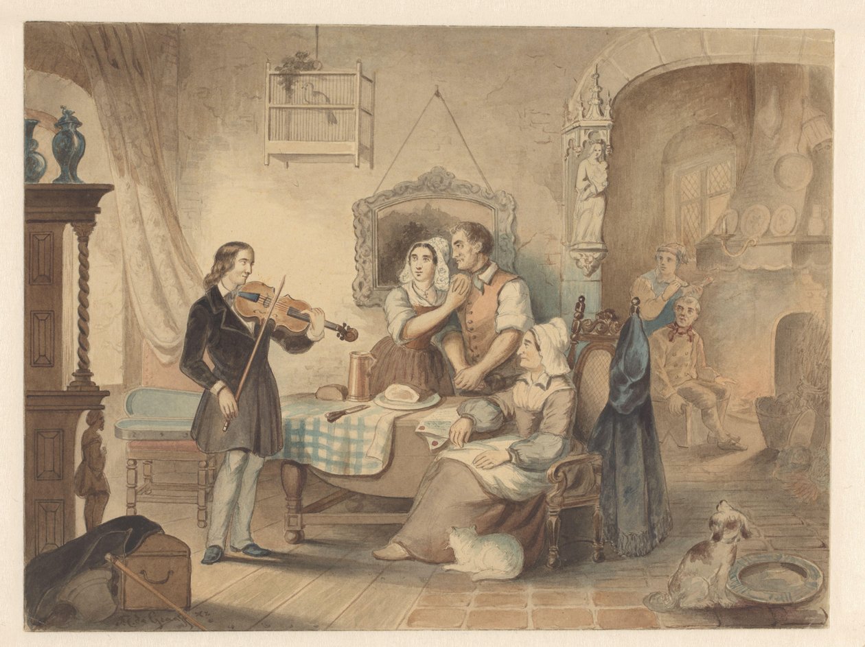 Charles Auguste de Bériot bir şirkette keman çalıyor by Frederik Carel de Graaff (signed by artist)