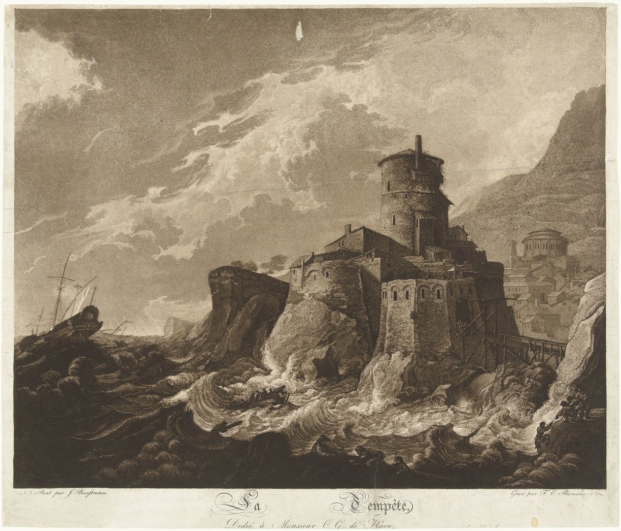 Kayalık sahilde kale ve denizde fırtınada gemiler La Tempête (nesne üzerindeki başlık) by Frederik Christiaan Bierweiler