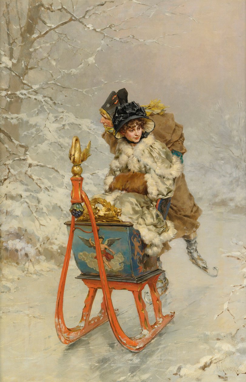 ""La promenade en luge"" (Sleigh Ride) Peinture de Frederik Hendrik Kaemmerer (1839-1902) - Tuval üzerine yağlı boya, 59,9x40,1 - Özel Koleksiyon by Frederik Hendrik Kaemmerer