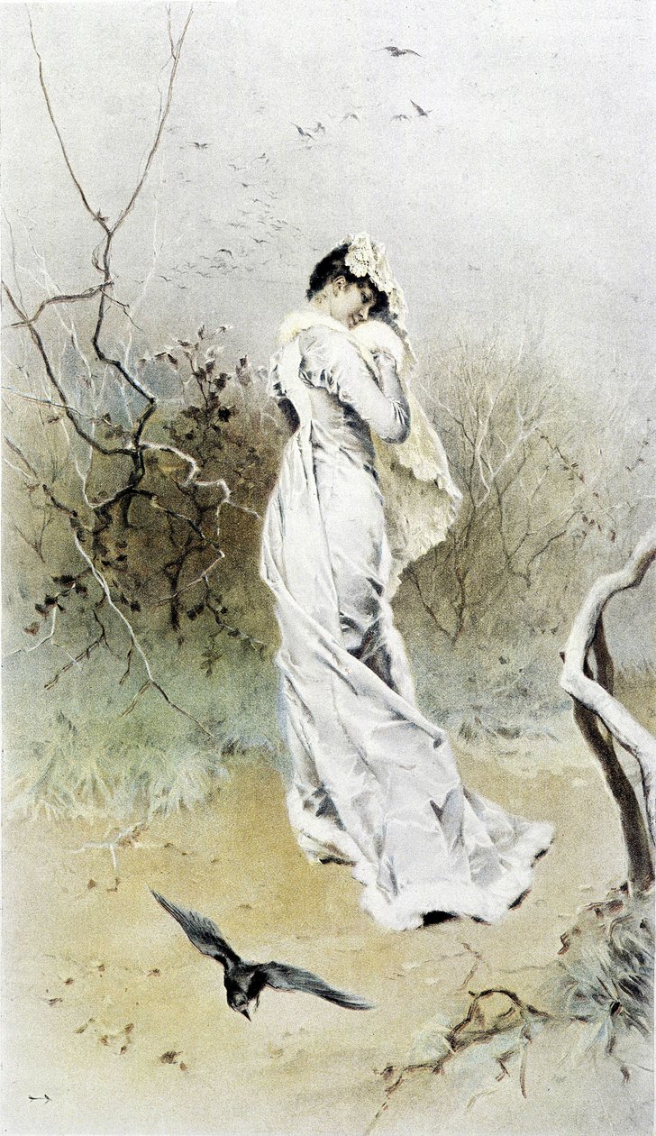 Bir ormandaki kadın - erken kış alegorisi, Hubert Dys tarafından gösterilen takvim, F.H. Kaemmerer tarafından boyanmış by Frederik Hendrik Kaemmerer
