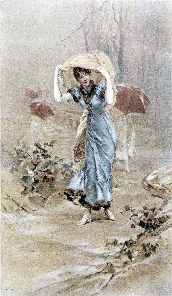 Kendini yağmurdan koruyan kadın - erken sonbahar alegorisi, Hubert Dys tarafından gösterilen takvim, F.H. Kaemmerer tarafından boyanmış by Frederik Hendrik Kaemmerer