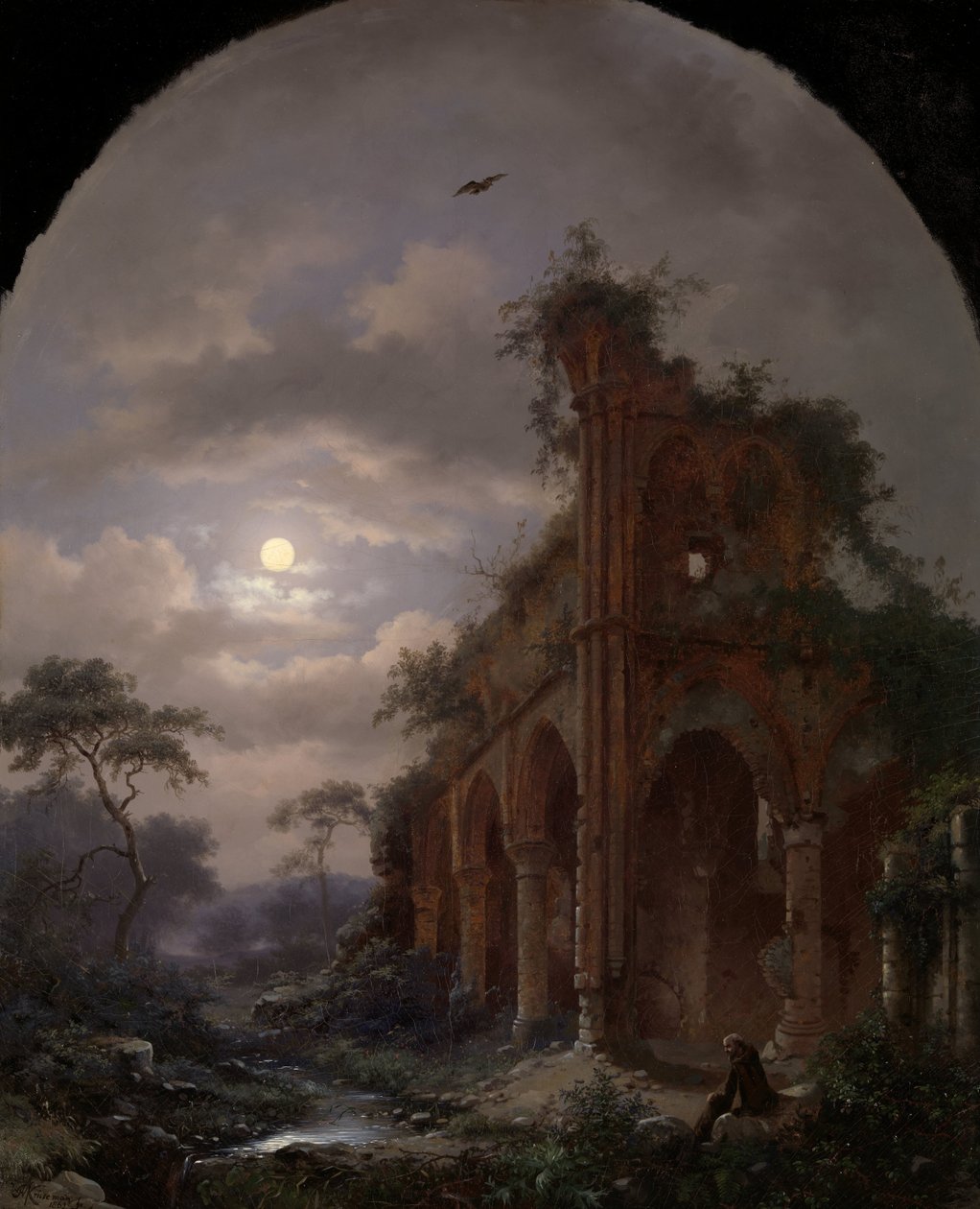 Ay Işığında Bir Harabenin Yanında Meditasyon Yapan Keşiş Geceleri Bir Harabede Meditasyon Keşiş by Frederik Marinus Kruseman (signed by artist)