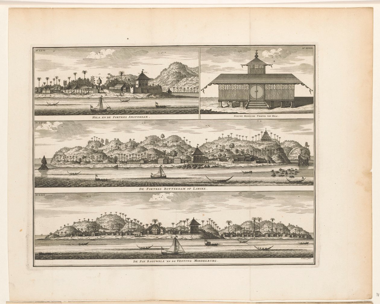 Ambon Hila'da üç kale ve Hila'daki Amsterdam Kalesi / Nieuwe Moorsche Tempel / Larike'deki De Fortres Rotterdam / De Pas Baguwala ve Middelburg Kalesi (nesnedeki başlık) by Frederik Ottens