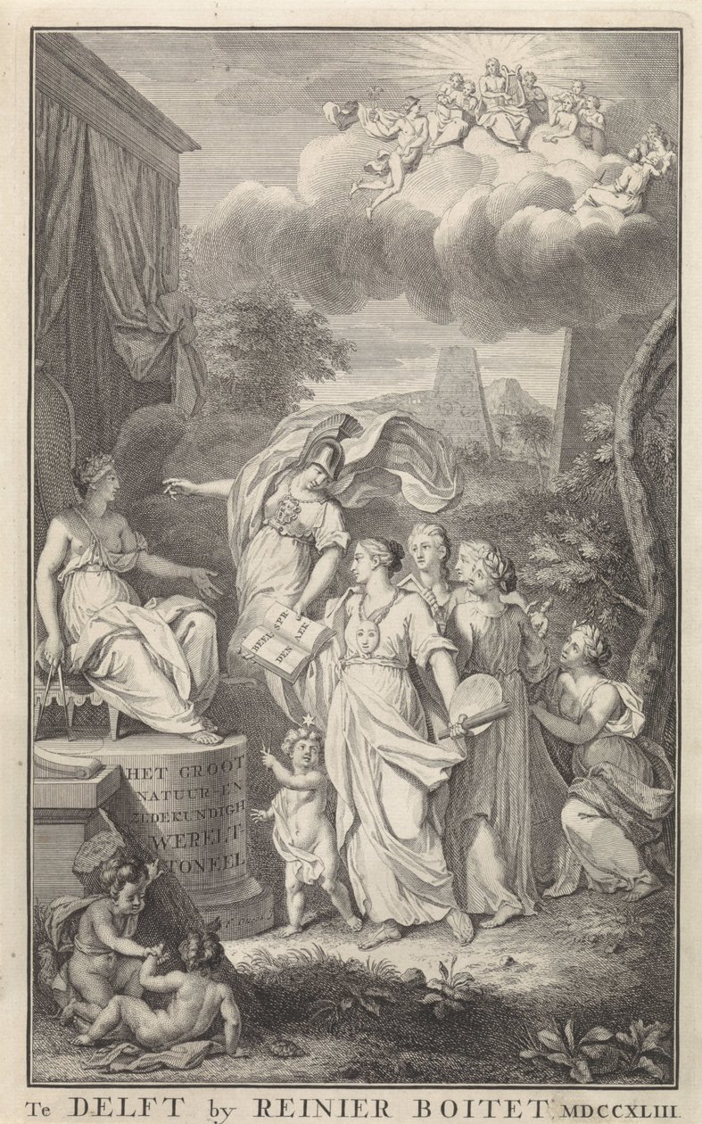 Minerva ve Tahtlı Bir Figür için Sanat Başlık sayfası: The Groot Natuur- en Zedekundigh Wereldtoneel, Delft, R. Boitet, 1743 by Frederik Ottens