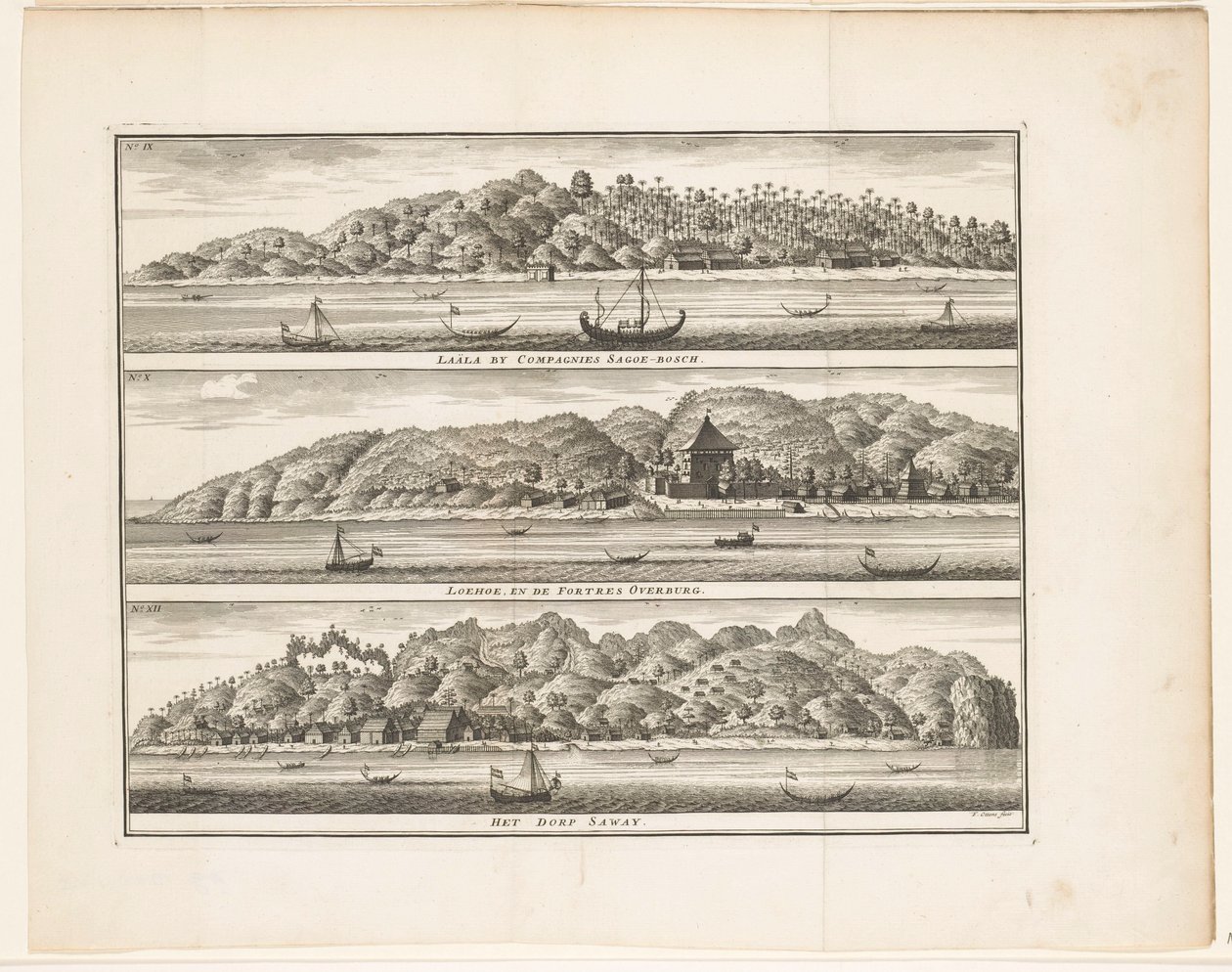 Compagnies Sagoe-bosch / Loehoe ve Fortres Overburg / Saway köyü tarafından Ceram Laäla'da VOC'nin çeşitli tahkimatları (nesnedeki başlık) by Frederik Ottens