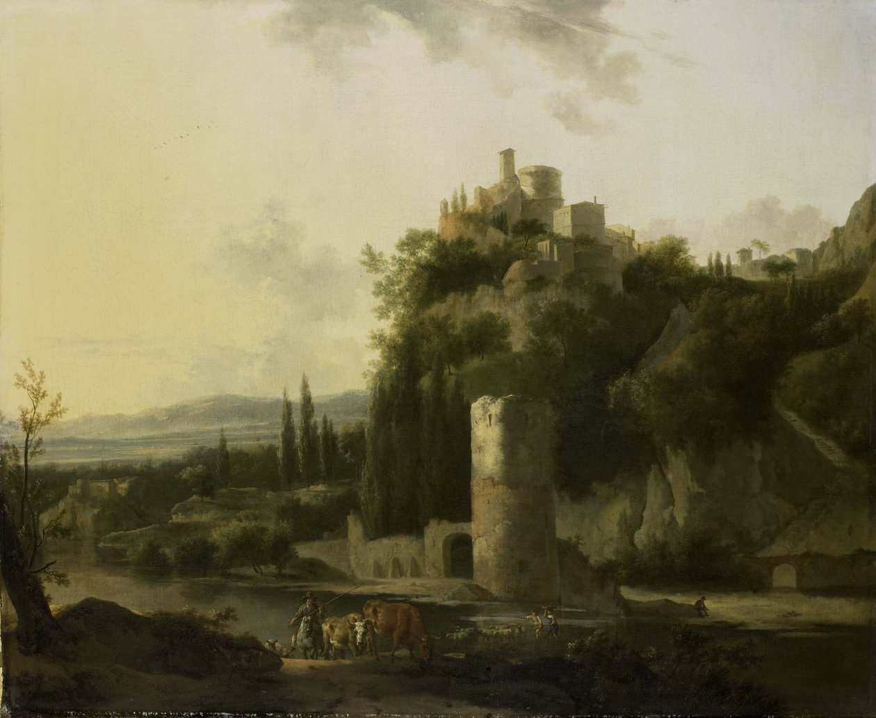 Yuvarlak kuleli İtalyan manzarası by Frederik de Moucheron