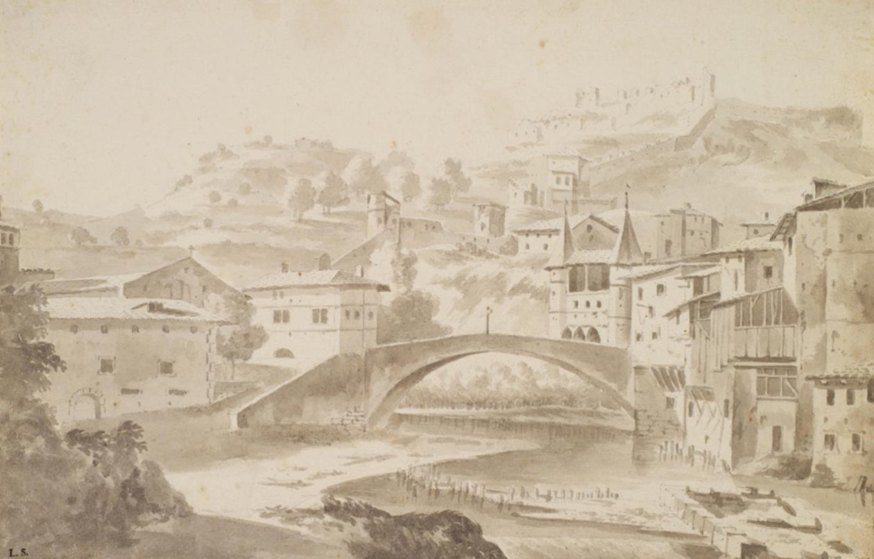 Viyana, Nær Lyon. Floden Gére üzerinde Pont Saint-Martin. TELEVİZYON. Saint-Martin Manastırı, t.h. Porte de la Rochette ve slottet Pipet by Frederik de Moucheron