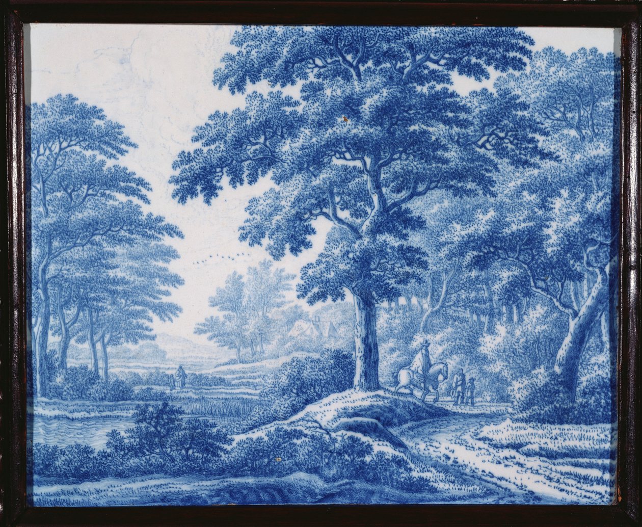Ormanlık bir arazide (porselen) bir yolda yolcuları tasvir eden çok nadir bir Hollandalı Delft mavi ve beyaz dikdörtgen plaket by Frederik van Frijtom