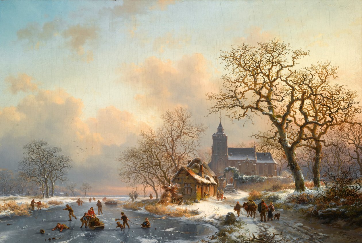 Donmuş bir nehirde patencilerle dolu bir kış manzarası by Fredrik Marinus Kruseman