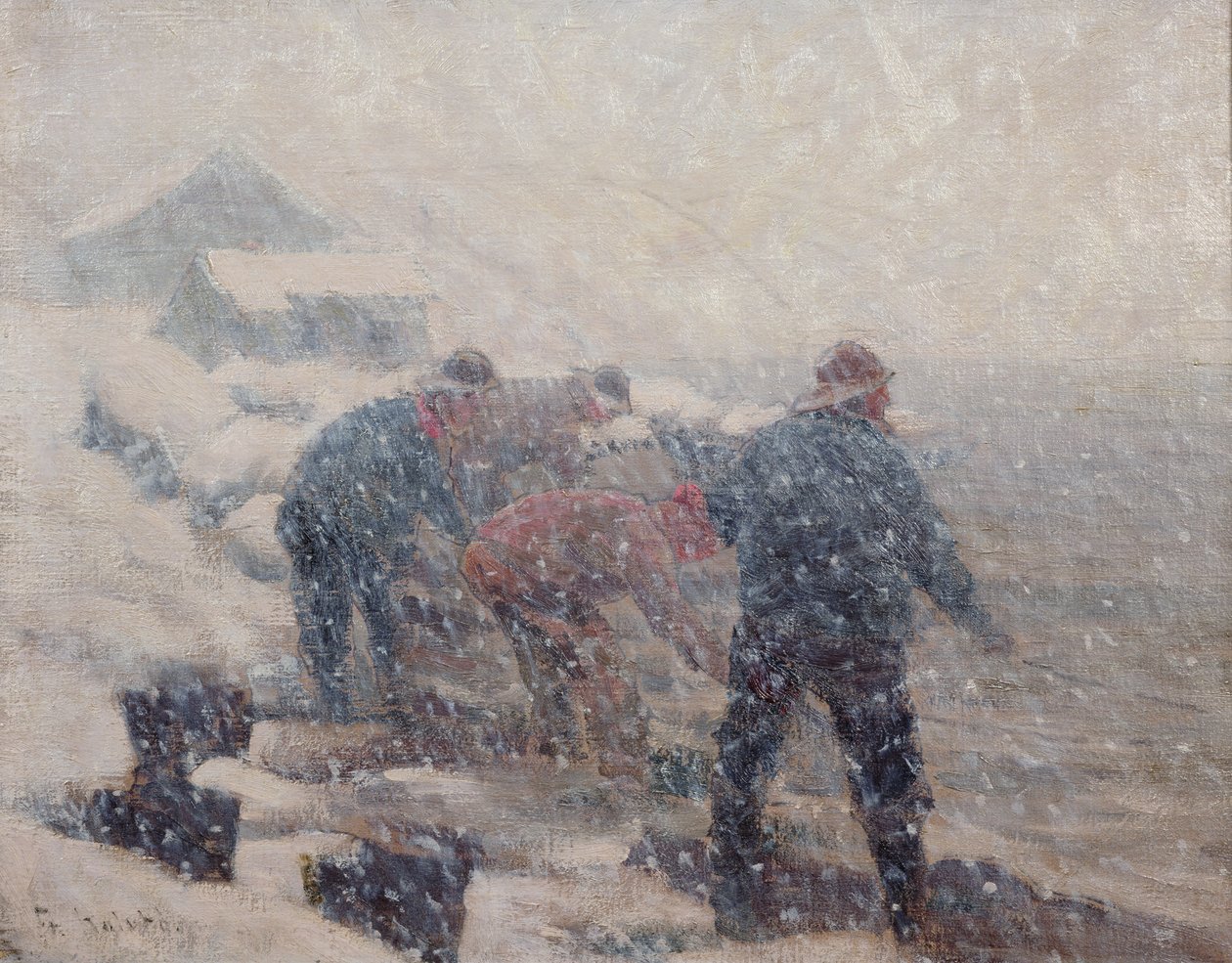 Balıkçılar bir kar fırtınasında gırgır çekerler (tuval üzerine yağlı boya) by Fredrik Kolstoe