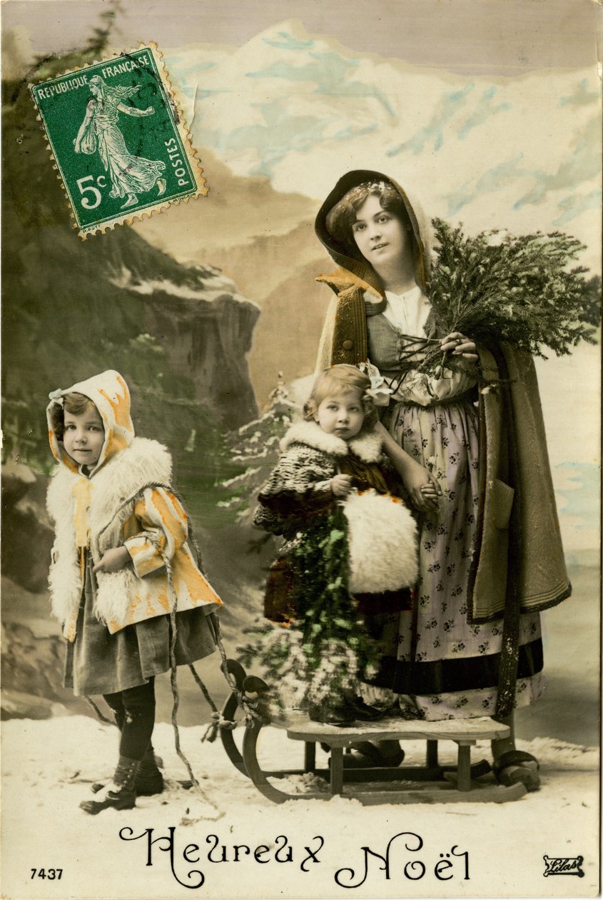 Kızaklı aile, Fransız Noel kartı (renkli fotoğraf) by French Photographer