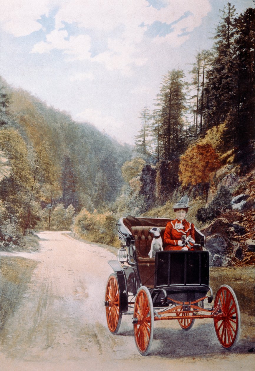 Erken bir motorlu arabada bir köpekle oturan gülümseyen bir kadın sürücüyü gösteren kartpostal, c.1910 by French Photographer