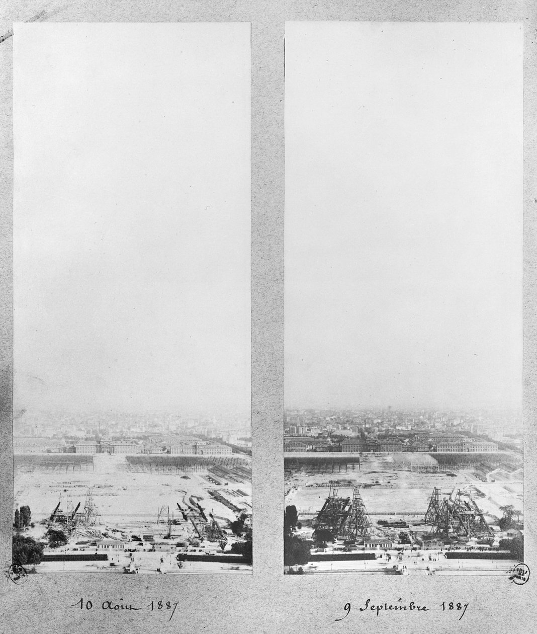 Eyfel Kulesi inşaatının iki görüntüsü, Paris, 10 Ağustos ve 9 Eylül 1887 by French Photographer
