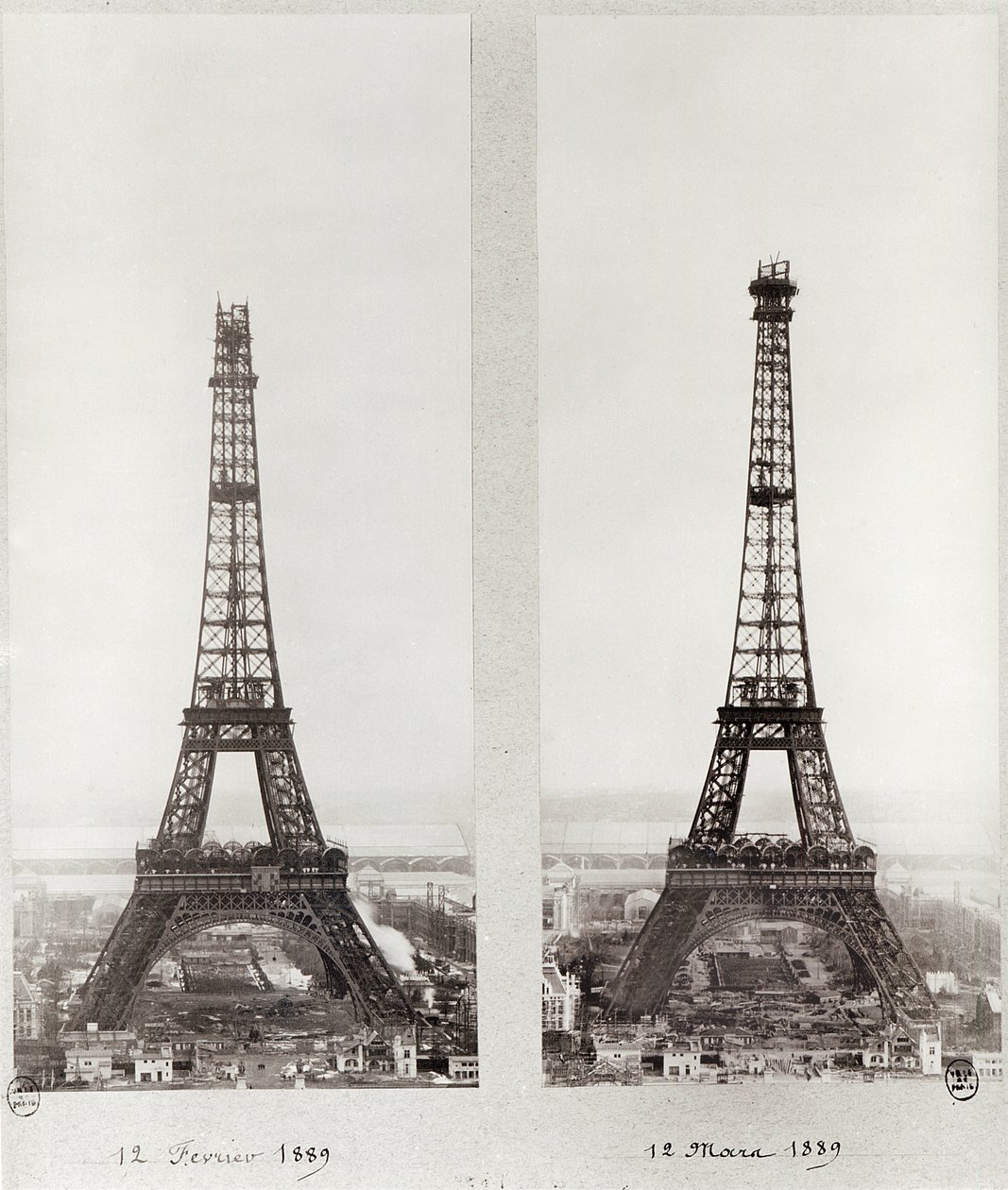 Eyfel Kulesi inşaatının iki görünümü, Paris, 12 Şubat ve 12 Mart 1889 by French Photographer