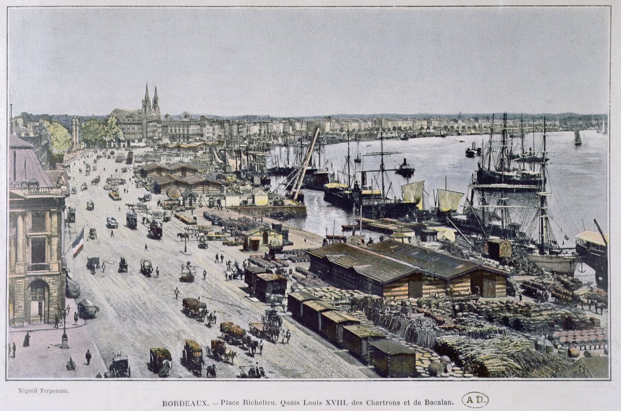 Place Richelieu ve Quais Louis XVIII ile Bordeaux limanının görünümü, des Chartrons und de Bacalan, on dokuzuncu yüzyılın sonları (renkli fotoğraf) by French Photographer