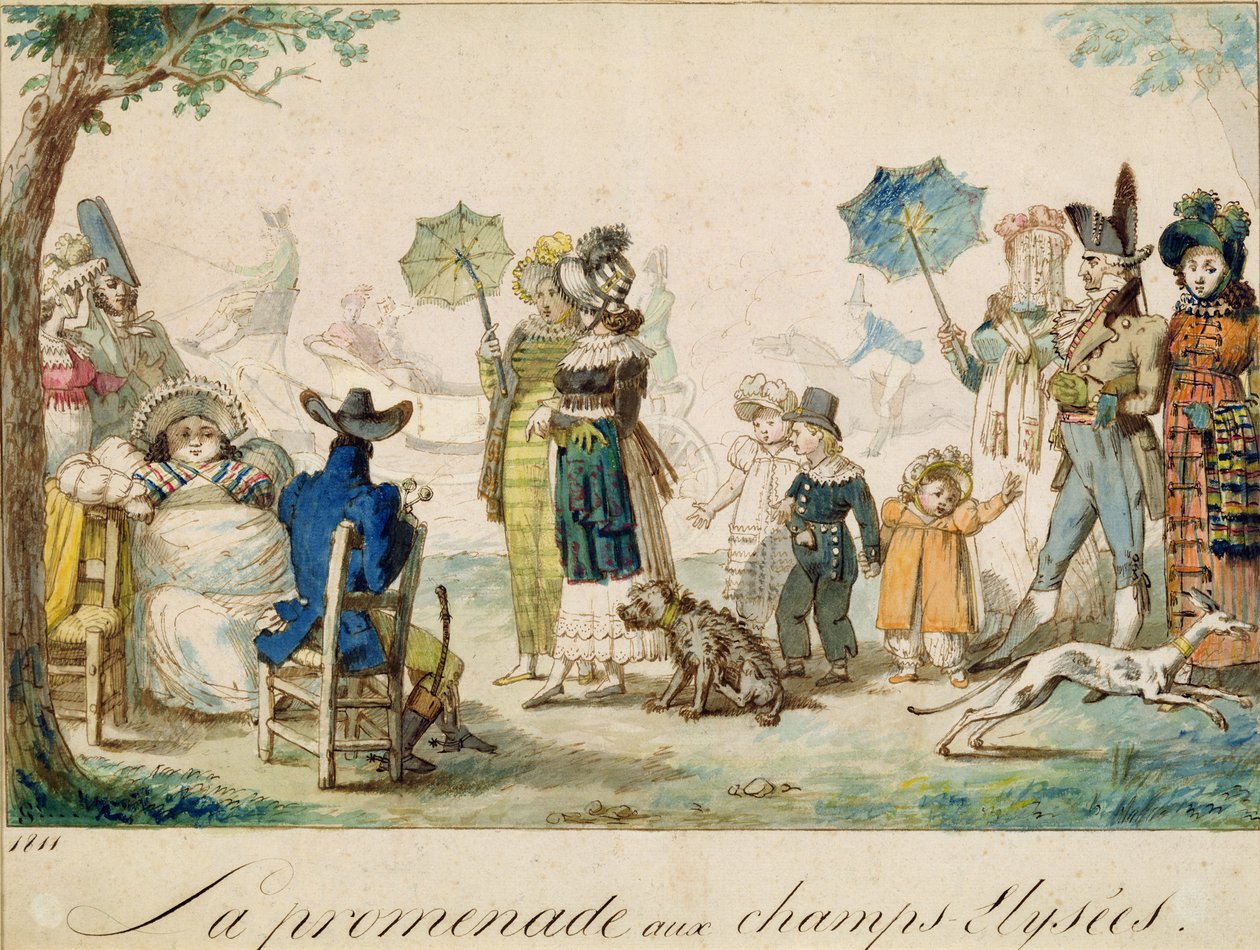 A Walk in the Champ Elysees, 1811 (pen und ink and wc on paper) by French School