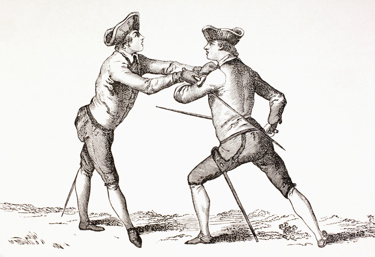 A swordsman about to disarm his opponent and in position ready to thrust, from 