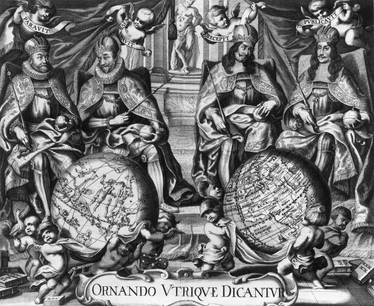 Rudolf II (1552-1612) ile Kutsal Roma İmparatoru ve halefleri Matthias 1 (1557-1619), Ferdinand II (1578-1637) ve Ferdinand III (1608-1657) ile alegori by French School