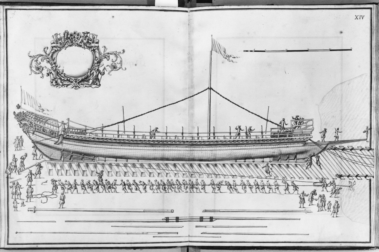 Mutfağın inşası, donatılması ve denize indirilmesi, levha XIV (kağıt üzerinde kurşun kalem ve tuvalet) by French School
