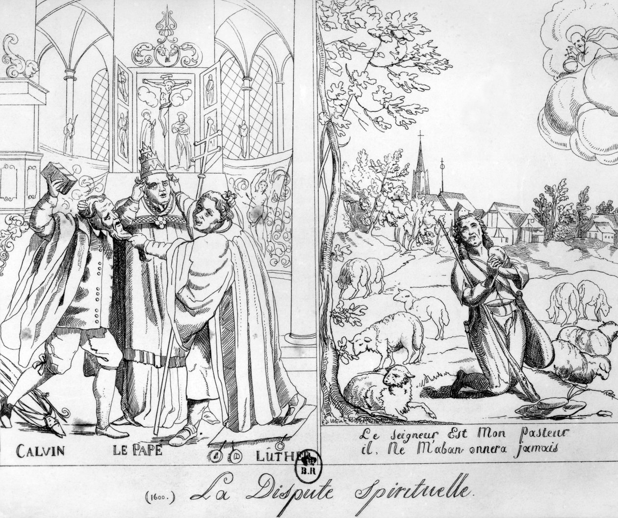 Papa Leo X (1476-1521) Martin Luther (1483-1546) ve John Calvin (1509-64) 1838 arasındaki Manevi Anlaşmazlığı tasvir eden karikatür by French School
