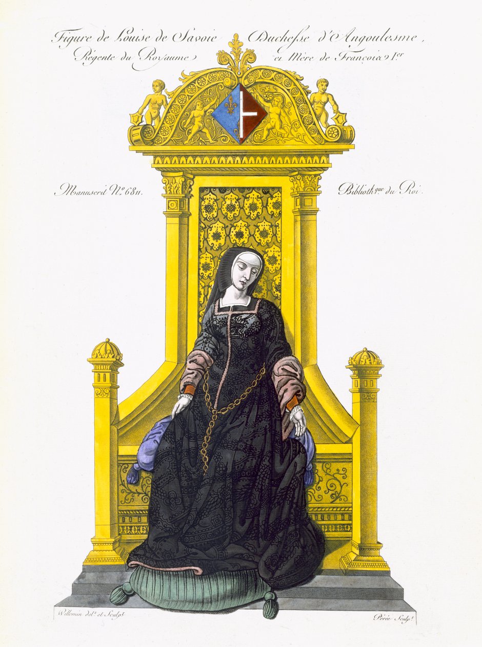 Louise de Savoie figürü (renkli aquatint) by French School