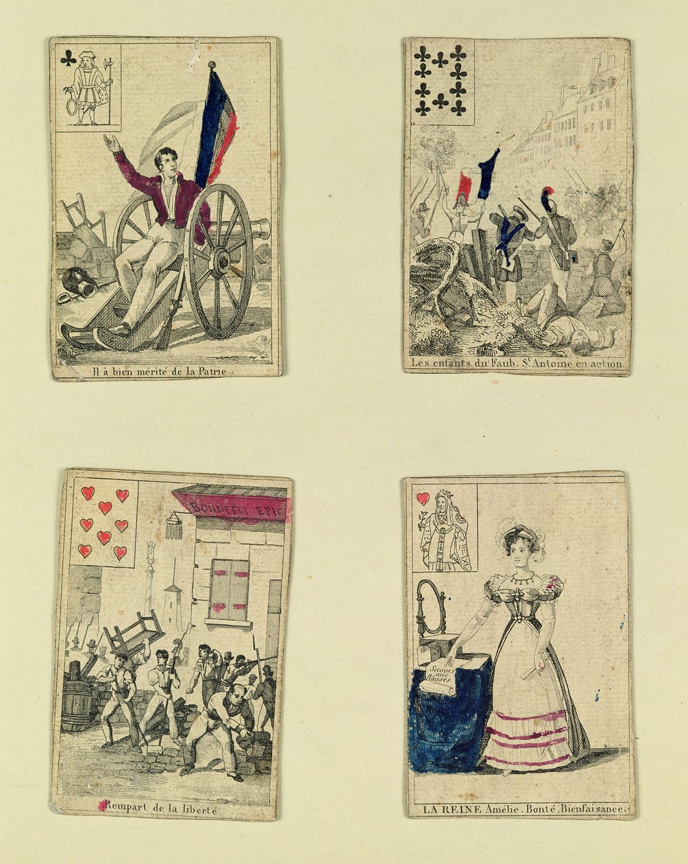 Temmuz 1830, 1831 kahramanlarını anan dört oyun kartı by French School