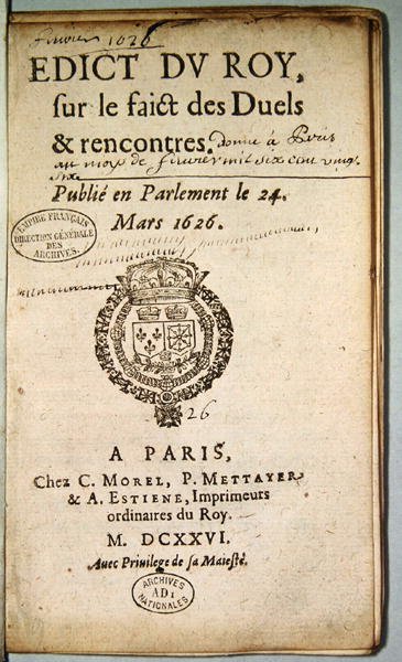Edict du Roy sur le Faict des Duels et Rencontres
