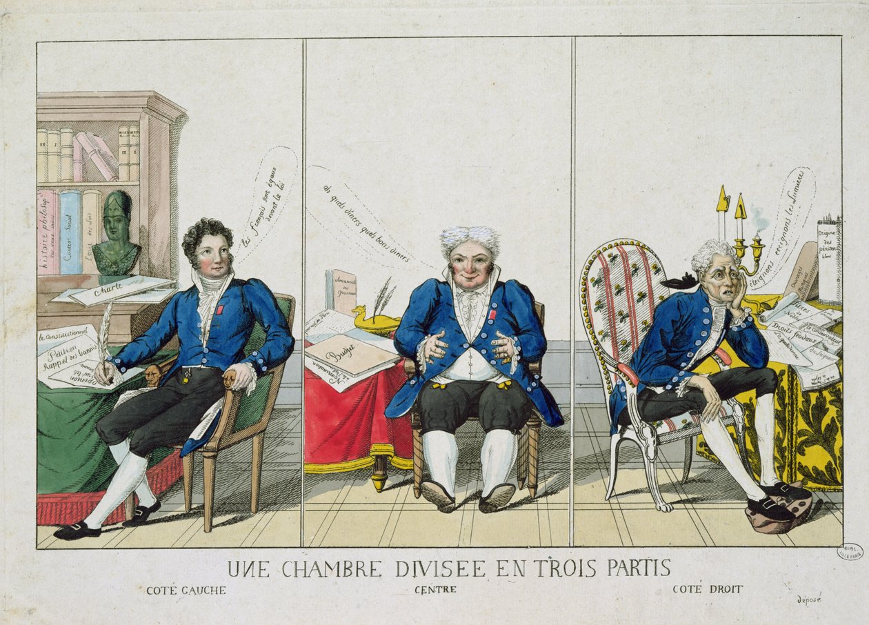 Üç Partiye Bölünmüş Ev, Ulusal Meclis karikatürü, 1819 by French School