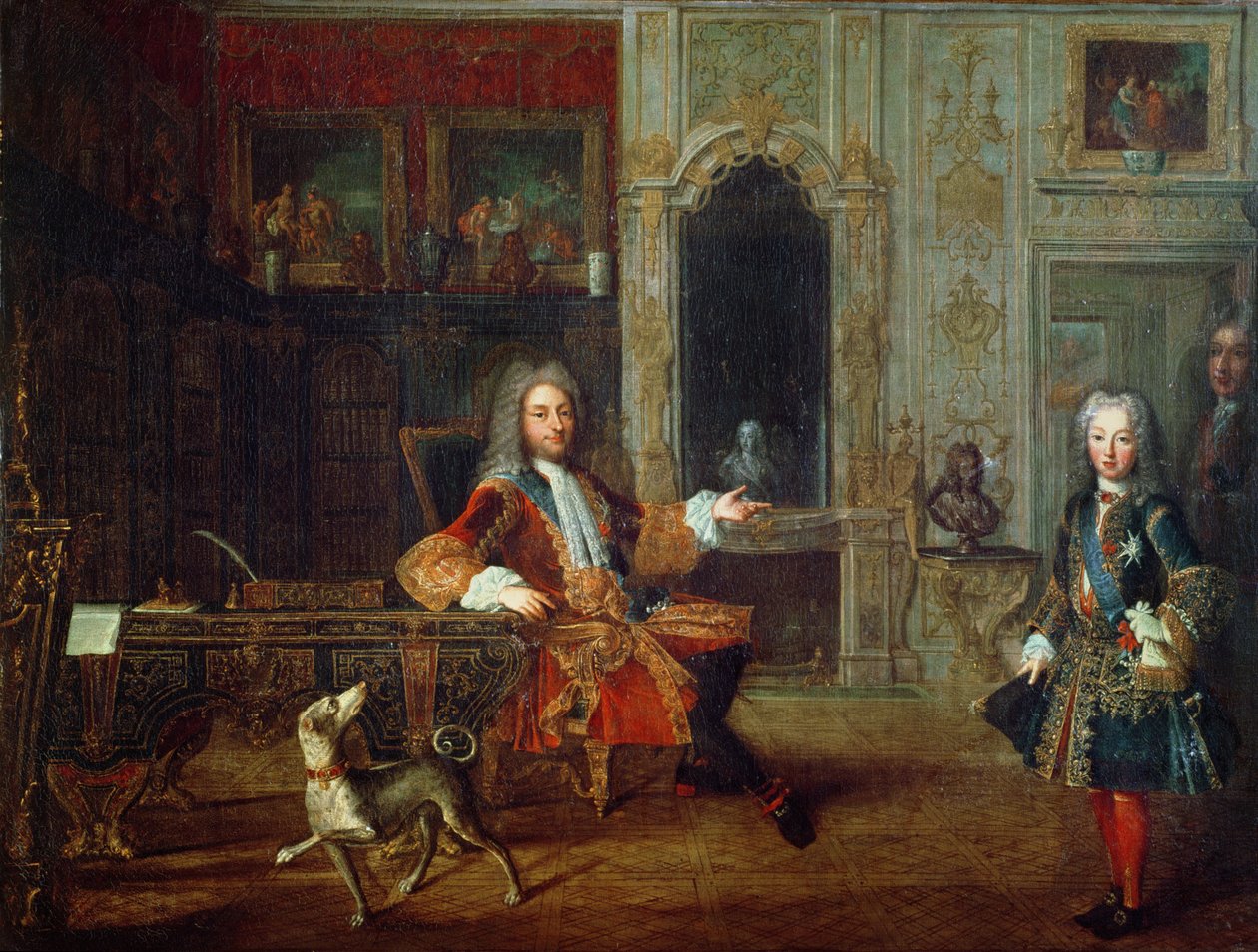 Louis XV (1710-74) and the Regent, Philippe II (1674-1723) Duke of Orleans in the Study of the Grand Dauphin at Versailles, c.1720  by French School
