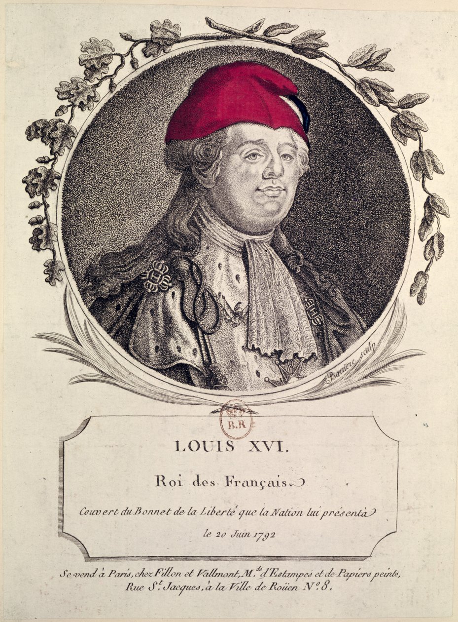 Louis XVI (1754-93), ulus tarafından kendisine sunulan bir Frig başlığı takıyor, 20 Haziran 1792 by French School