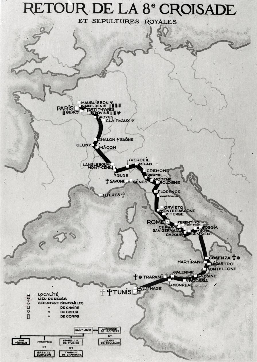 Map of the return of the 8th Crusade in 1270 with the resting places of Louis IX