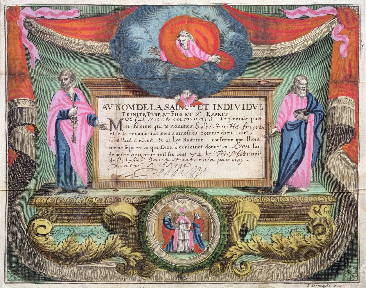 Marriage Certificate for Claude Monnard issued at Lyon in 1672  by French School