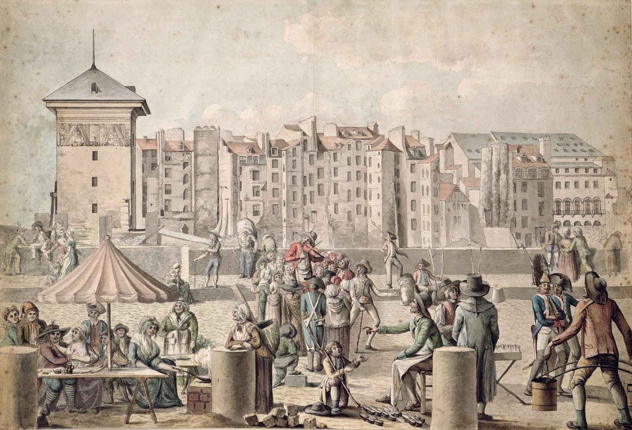 Mountebanks ve Promenaders on the Pont au Change, Paris c.1790 by French School