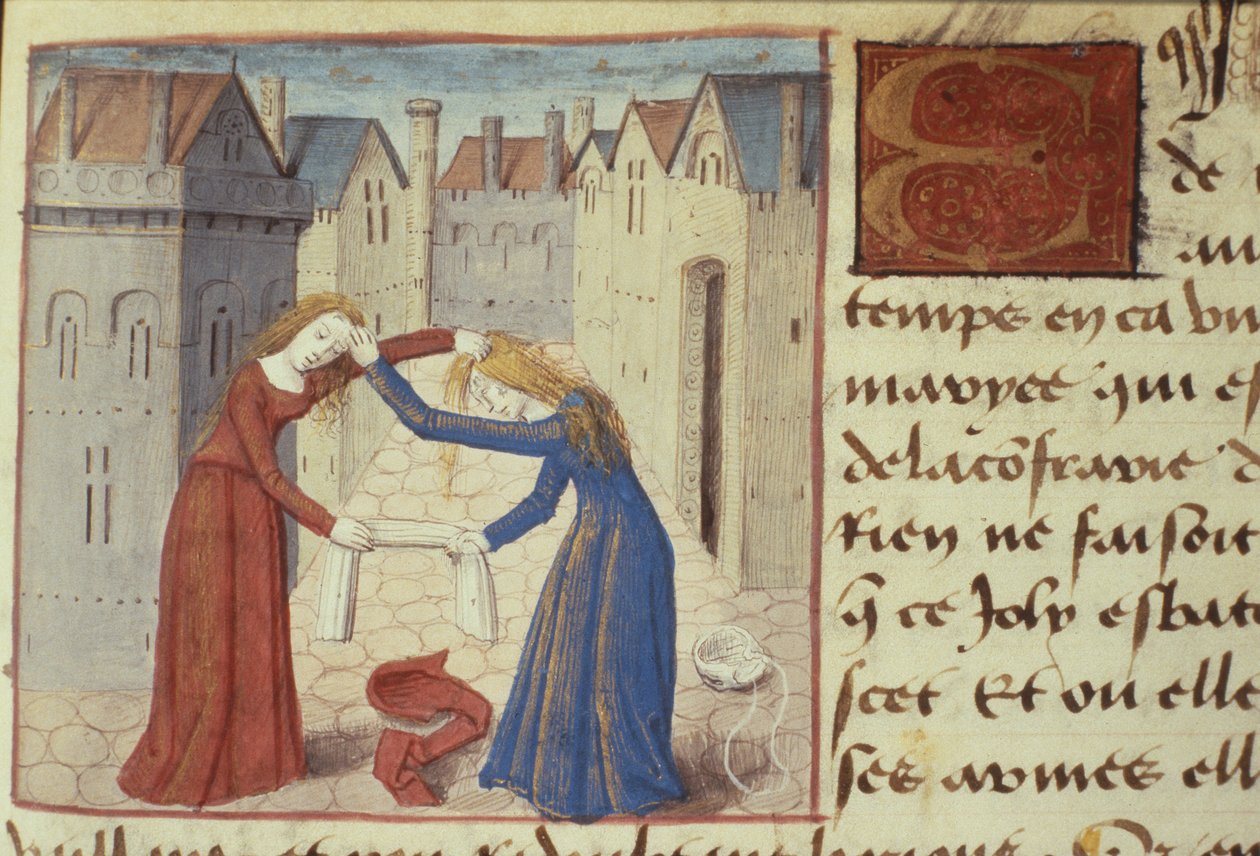 Ms Hunter 252 f.186r Dövüşen iki kadın, Les Cent Nouvelles Nouvelles, 1462 by French School